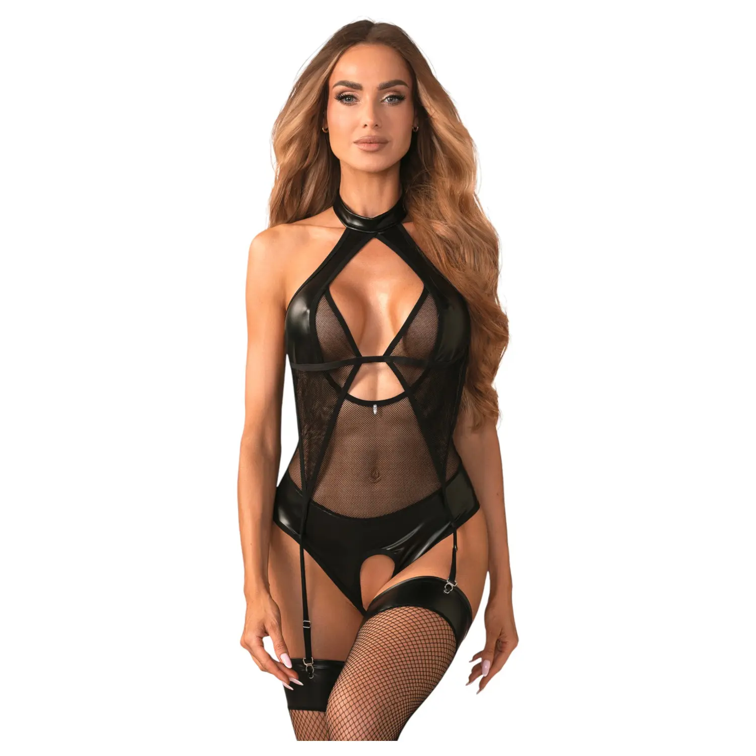 Obsessive Dominna - dámské body - průsvitné, lesklý efekt - černé - L/XL