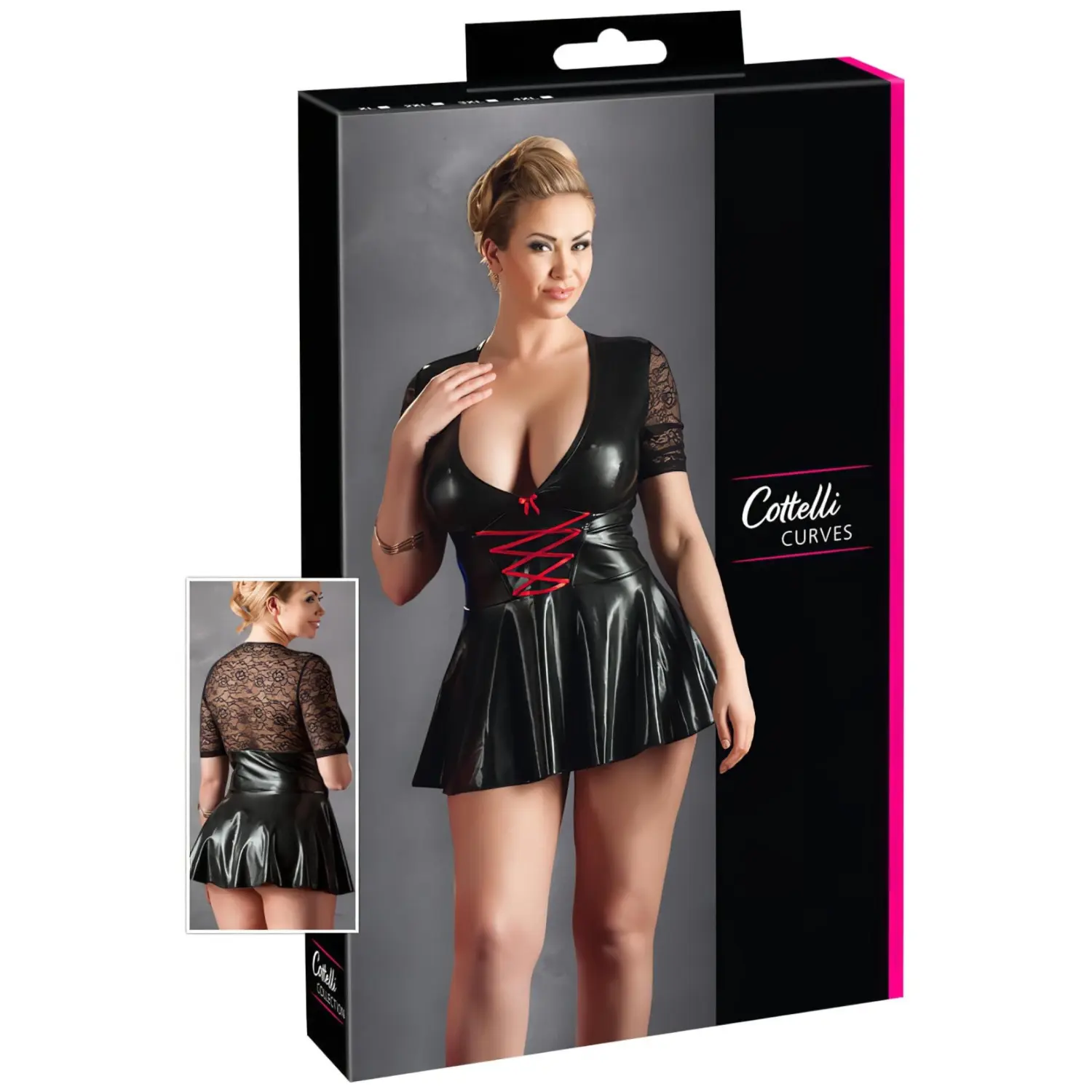 Cottelli Plus Size - lesklé šaty - červený korzet - černé -