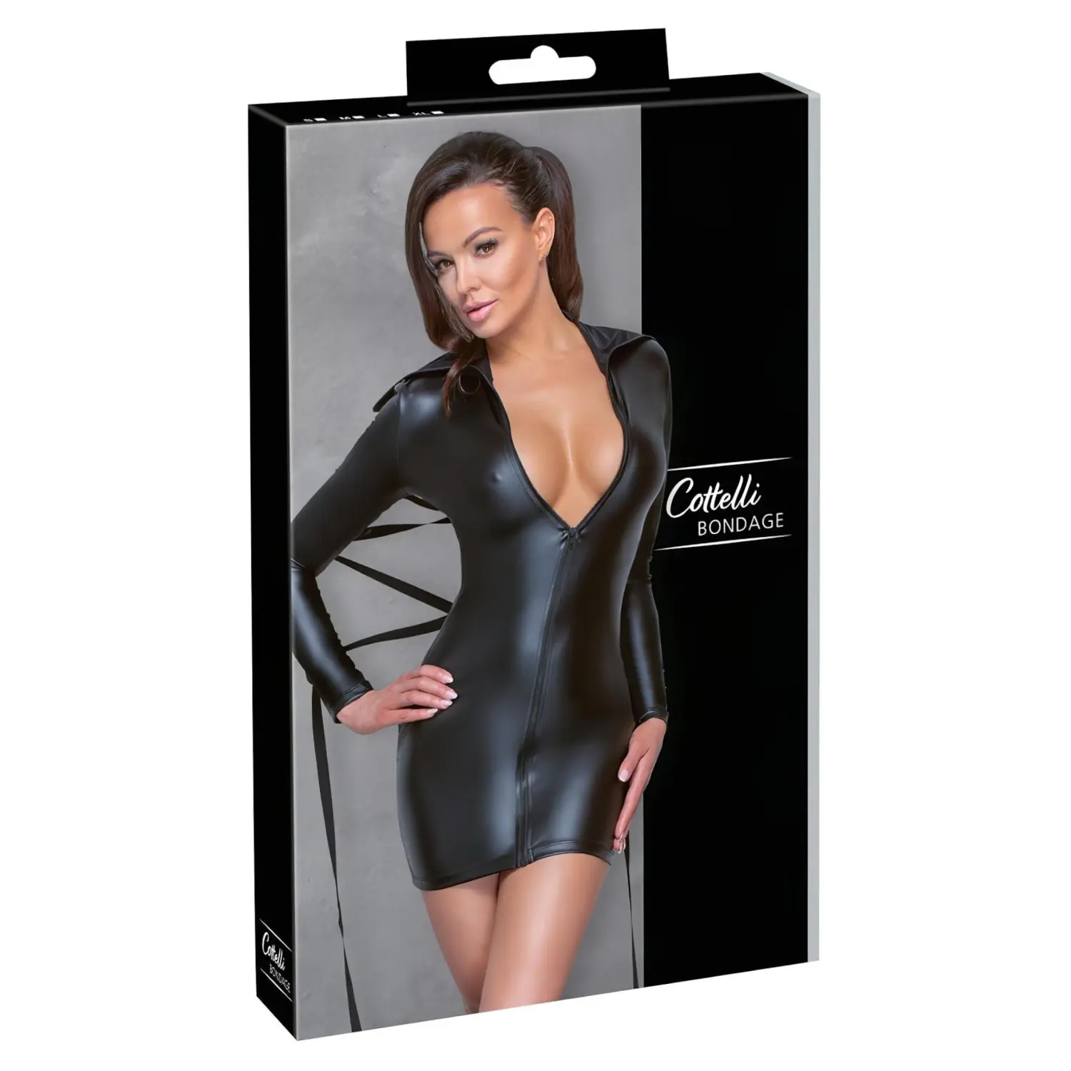 Cottelli Bondage - Lesklé šaty s pouty - černé - M