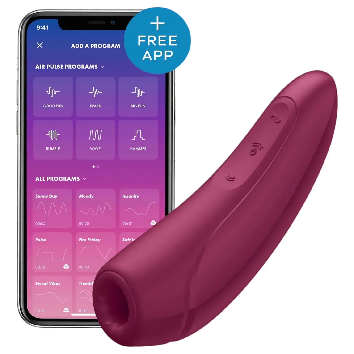 Satisfyer Curvy 1+ - Appem ovládaný stimulátor klitorisu s tlakovými vlnami (červený)