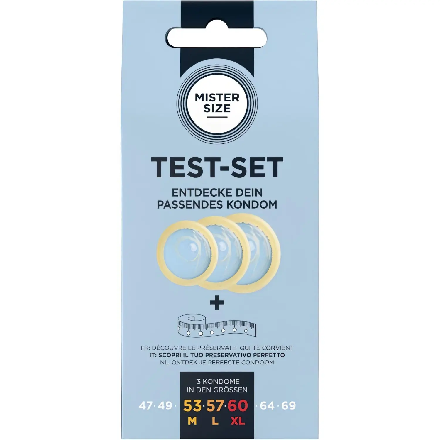 Mister Size Test-Set - zkušební sada kondomů s měřicí páskou (3 ks)