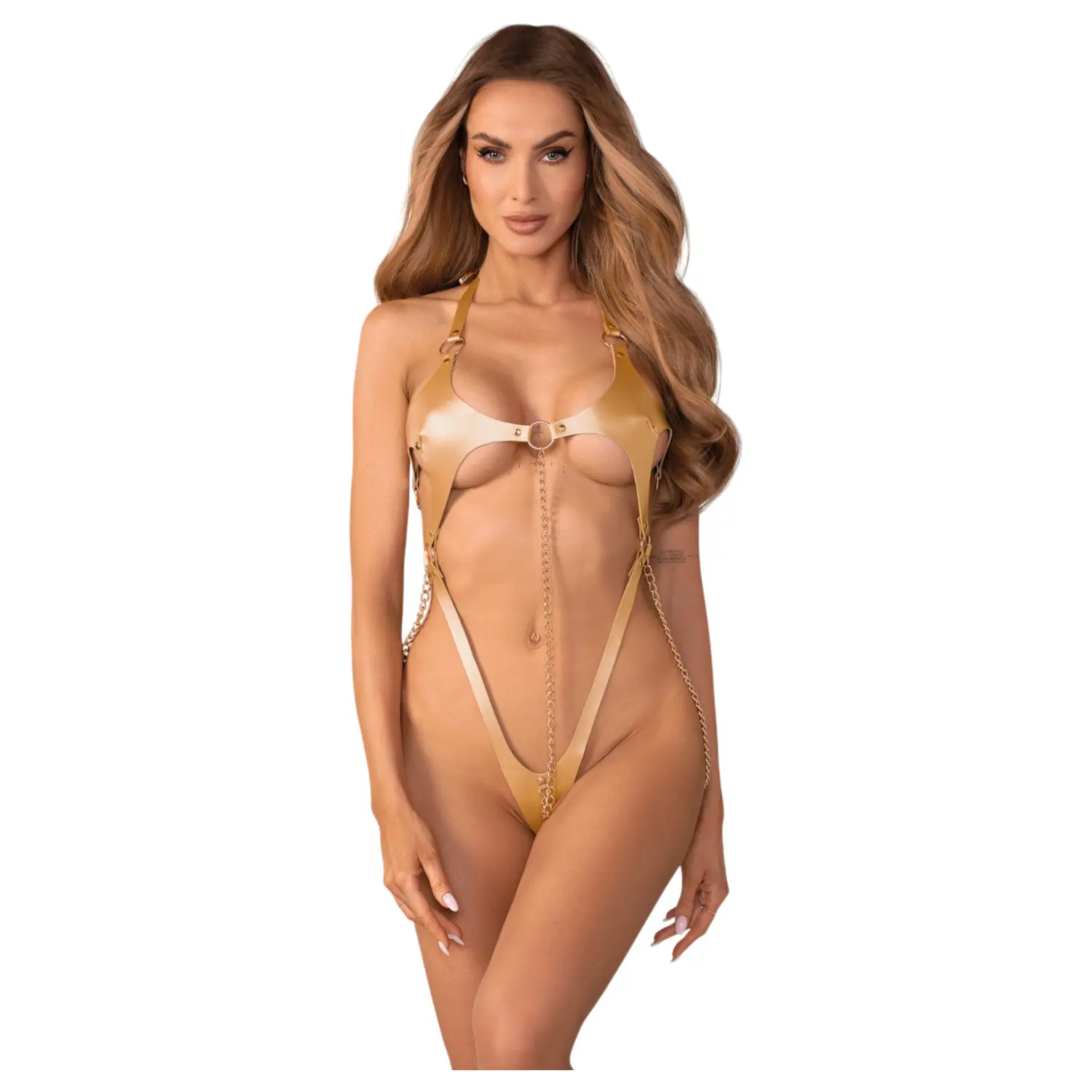 Obsessive Anyya - body s ramínky s koženým vzhledem a řetízky (zlaté)