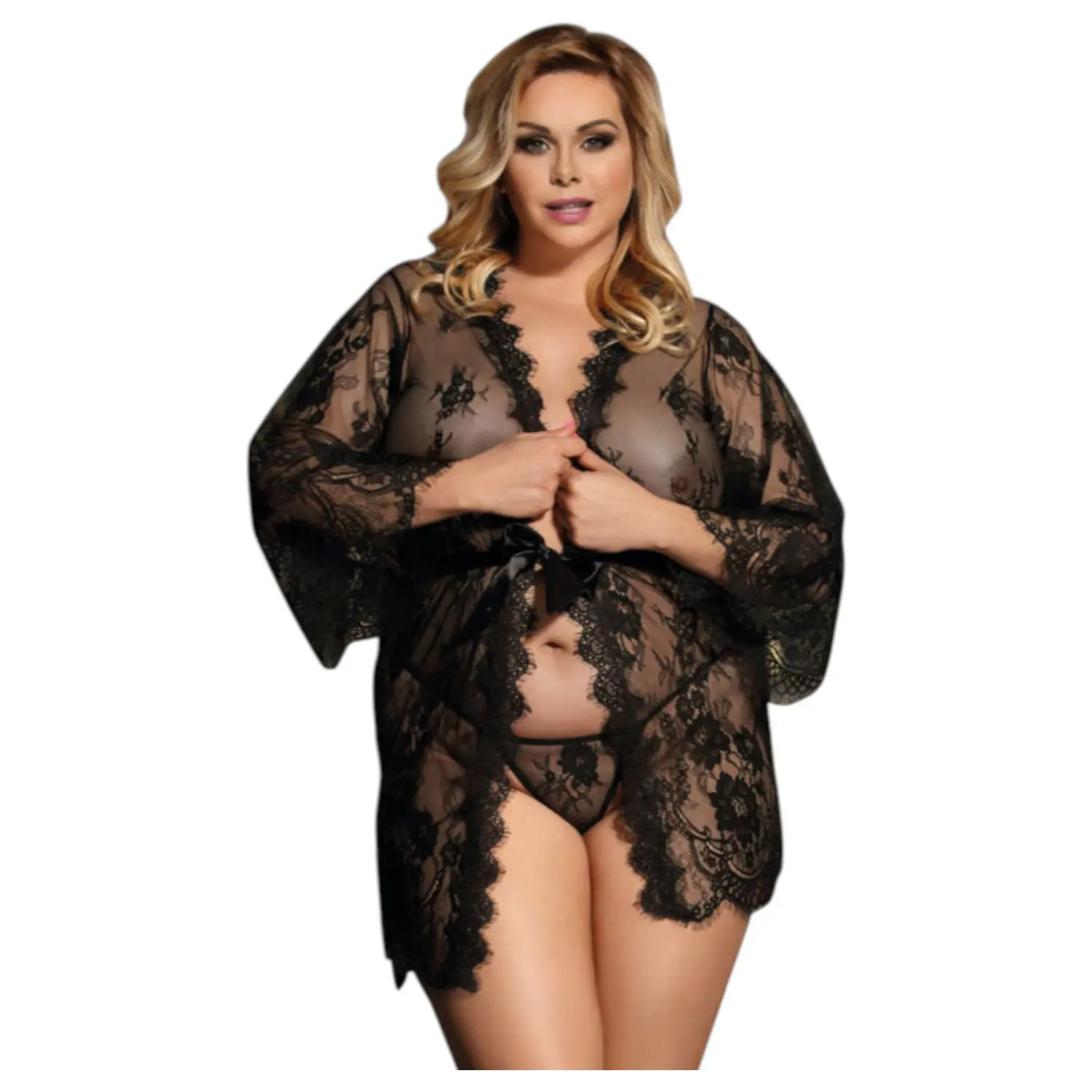 Subblime Queen Plus - dámský krajkový župan set - černý XL-2XL