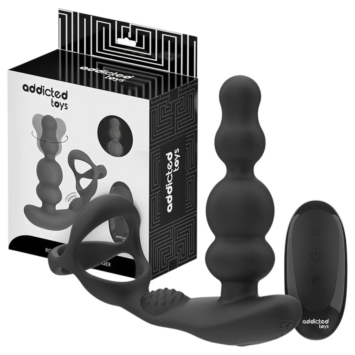 Addicted Toys - anální vibrátor s rotační hlavou a erekčním kroužkem - černý