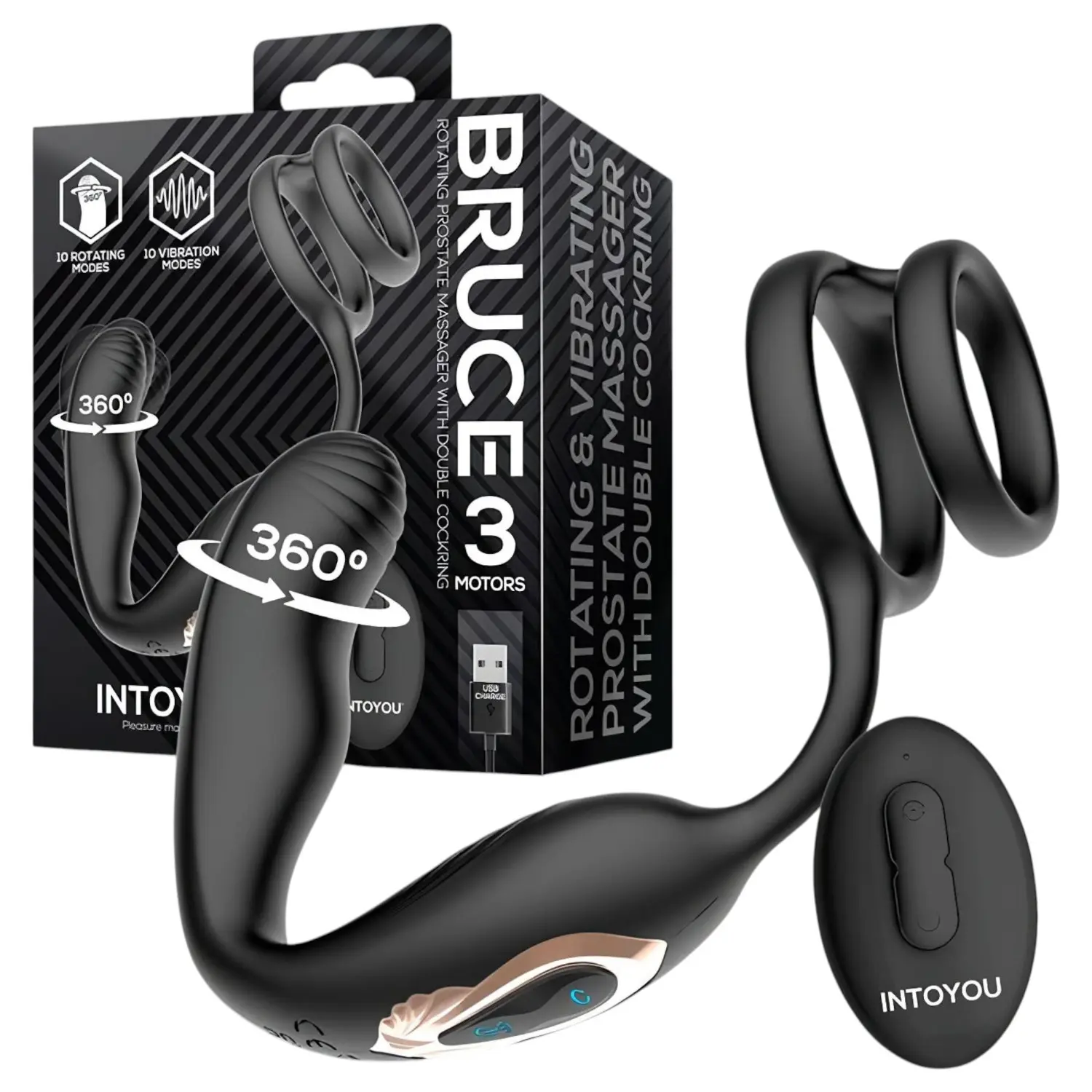 IntoYou Bruce - rotační vibrační masáž prostaty s rádiovým ovládáním a dvojitým kroužkem (černý)