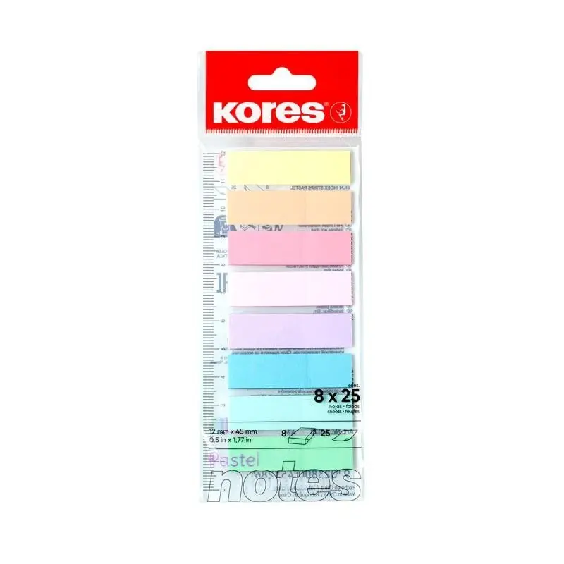Kores Pastelové záložky Index Strips na pravítku - 8 barev (25 lístků každé barvy)
