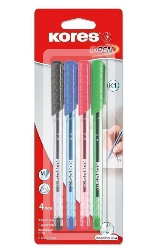 Kores Kuličkové pero K1 Pen Super Slide 1 mm - sada 4 barev (modrá, černá, červená, zelená)