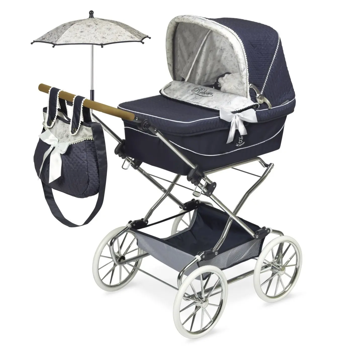 DeCuevas 82044 Skládací kočárek pro panenky REBORN se slunečníkem a doplňky VINTAGE 2023 - 90 cm