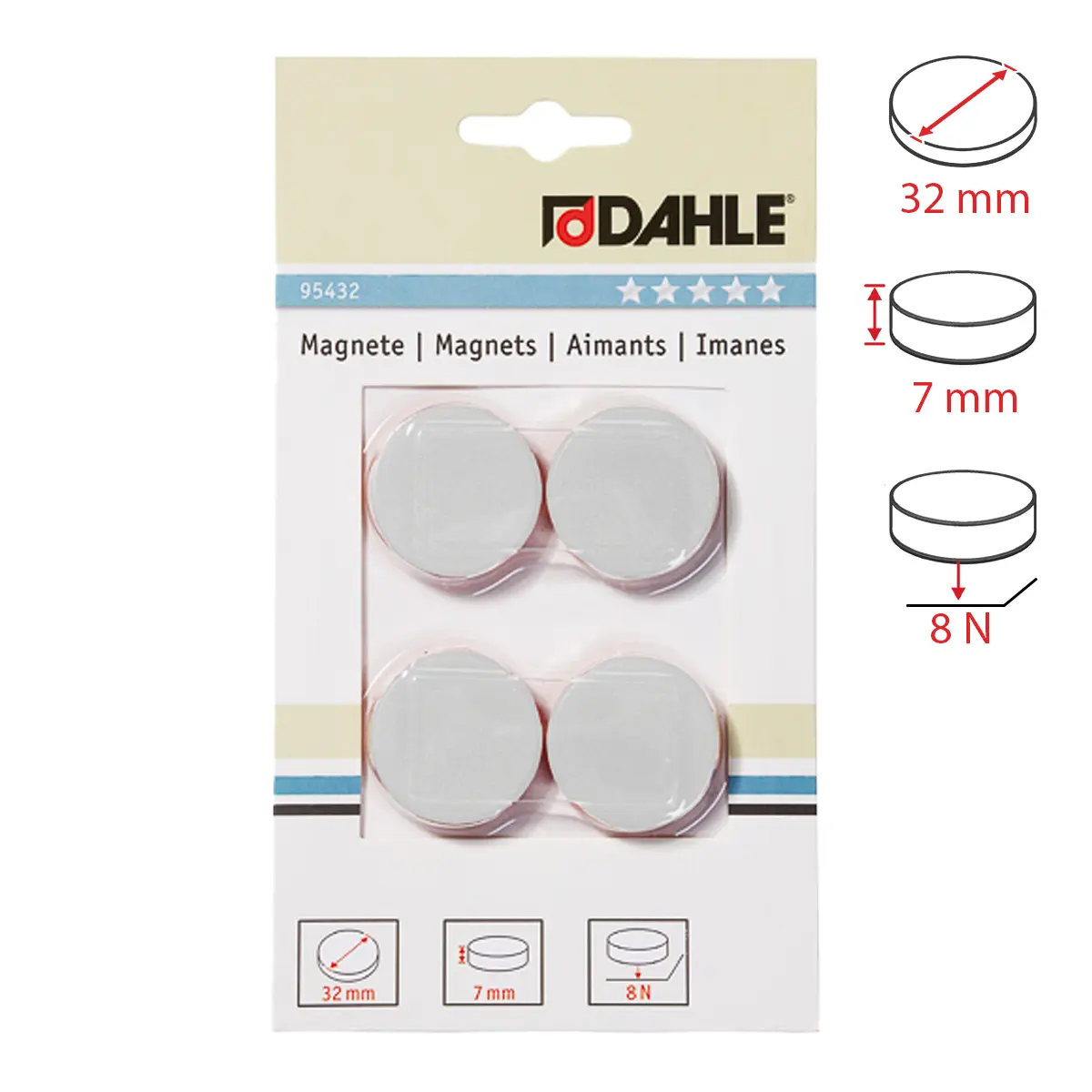 Dahle magnet plánovací, Ø 32 mm, 8 N, 4 ks, bílé