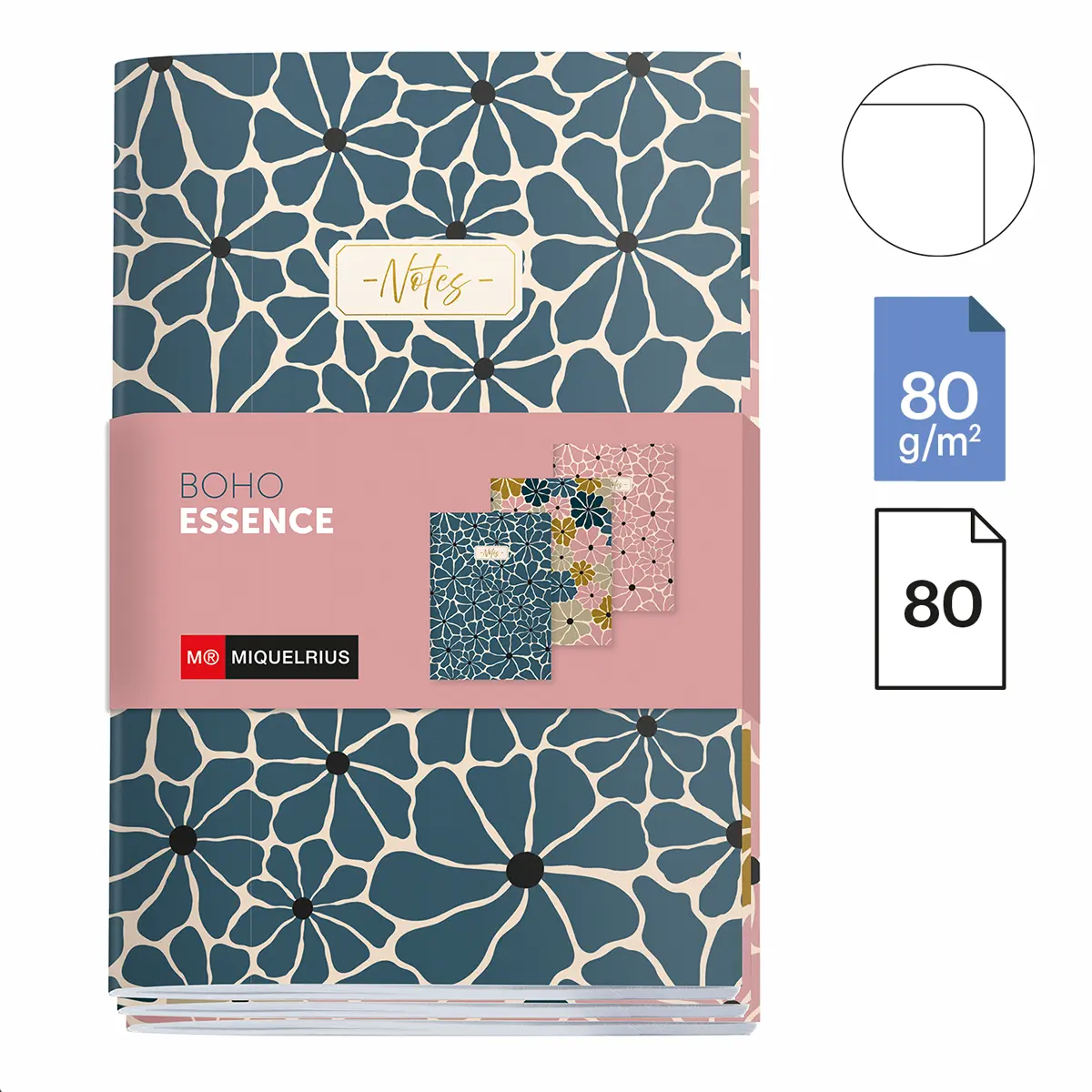 Miquelrius poznámkový sešit - BOHO ESSENCE- sada 3 ks, A5, 80 g, měkký karton, 32 listů, čistý, mix motivů