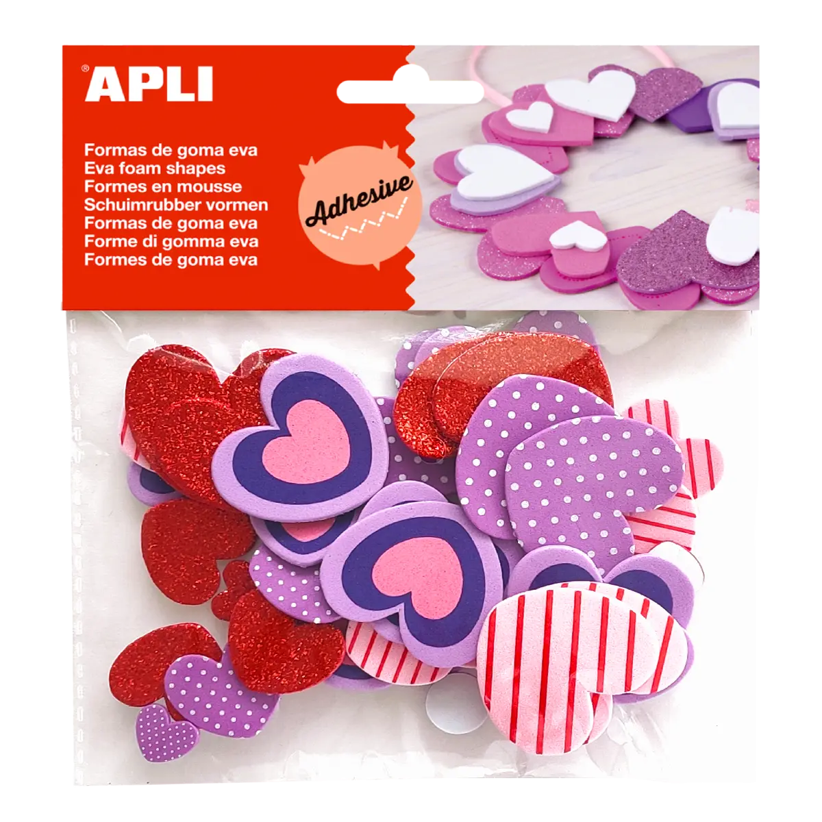 APLI pěnovka tvarová - srdce, samolepicí, mix barev