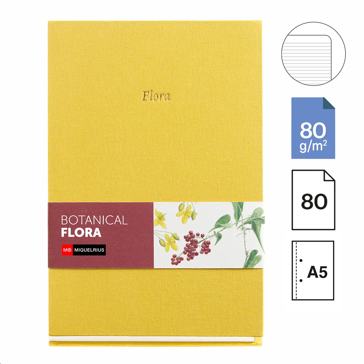 Miquelrius poznámkový zápisník - Botanical Flora, A5, 80 g, karton + textil, 80 listů, linka, žlutý