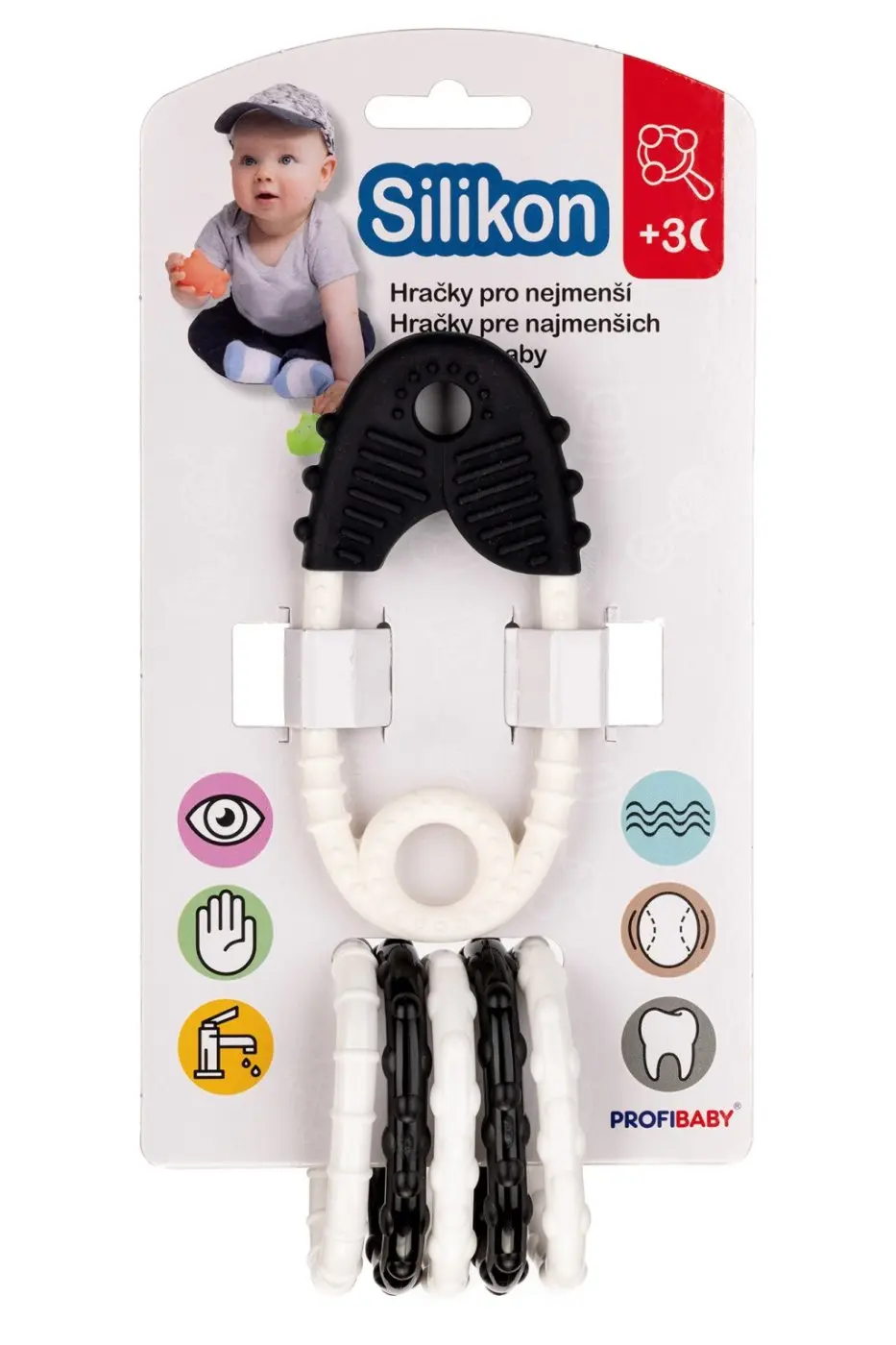 Kousátko špendlík + přívěsky silikon/plast 12cm černobílý   na kartě 3m+
