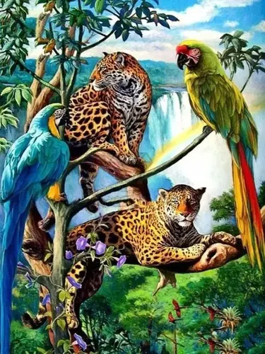 Diamantové malování Papoušci a leopardi 30x40cm