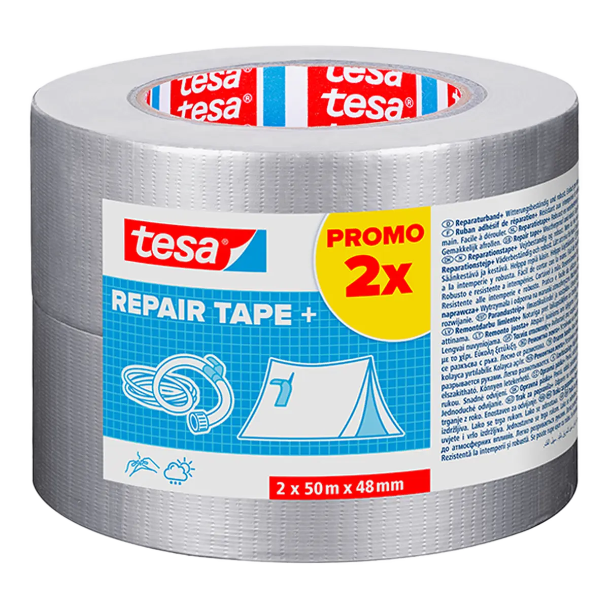 tesa textilní opravná páska - Repair Tape, promo pack 2 ks, 50 m × 48 mm, silně lepivá, stříbrná