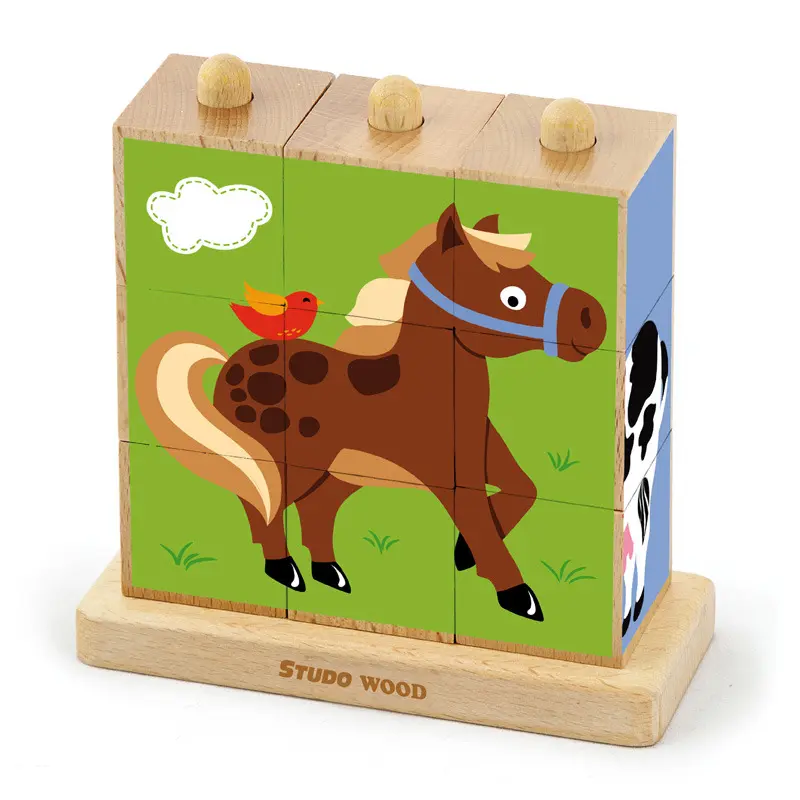 Studo Wood obrázkové kostky zvířatka z farmy 9 ks