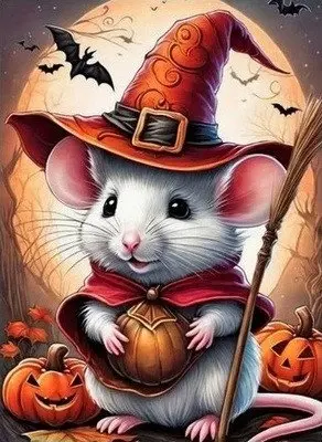 Diamantový obrázek - Halloweenská myš s dýní 30x40 cm
