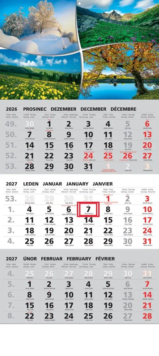 Kalendář 2027 tříměsíční nástěnný: STANDARD CZ šedý s obrázkem