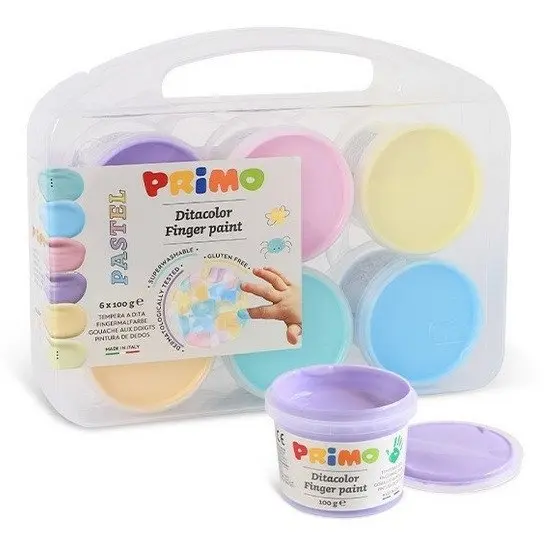 Prstové barvy PRIMO PASTEL, kelímky, sada 6 x 100g