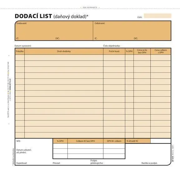 Optys - dodací list