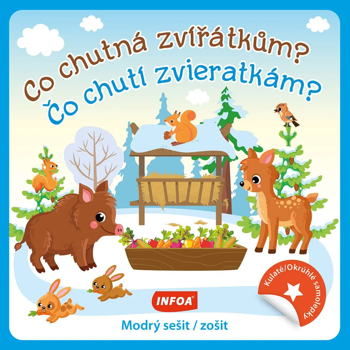 Kulaté samolepky Co chutná zvířátkům? / Co chutí zvieratkám? - modrý sešit / zošit
