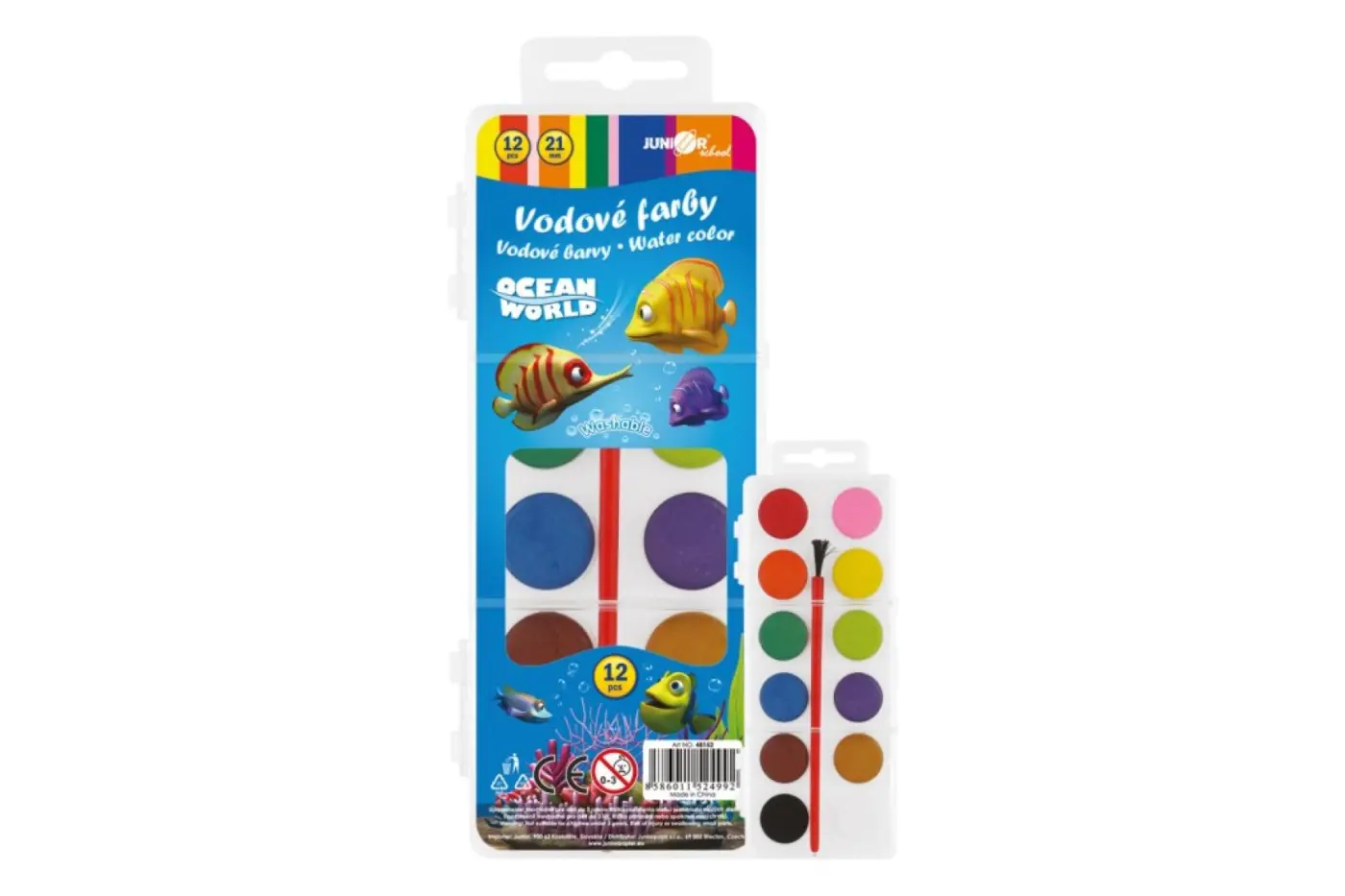 Teddies Vodové barvy se štětcem Ocean World 12 barev/21mm v plastové krabičce 7x18x1cm v sáčku