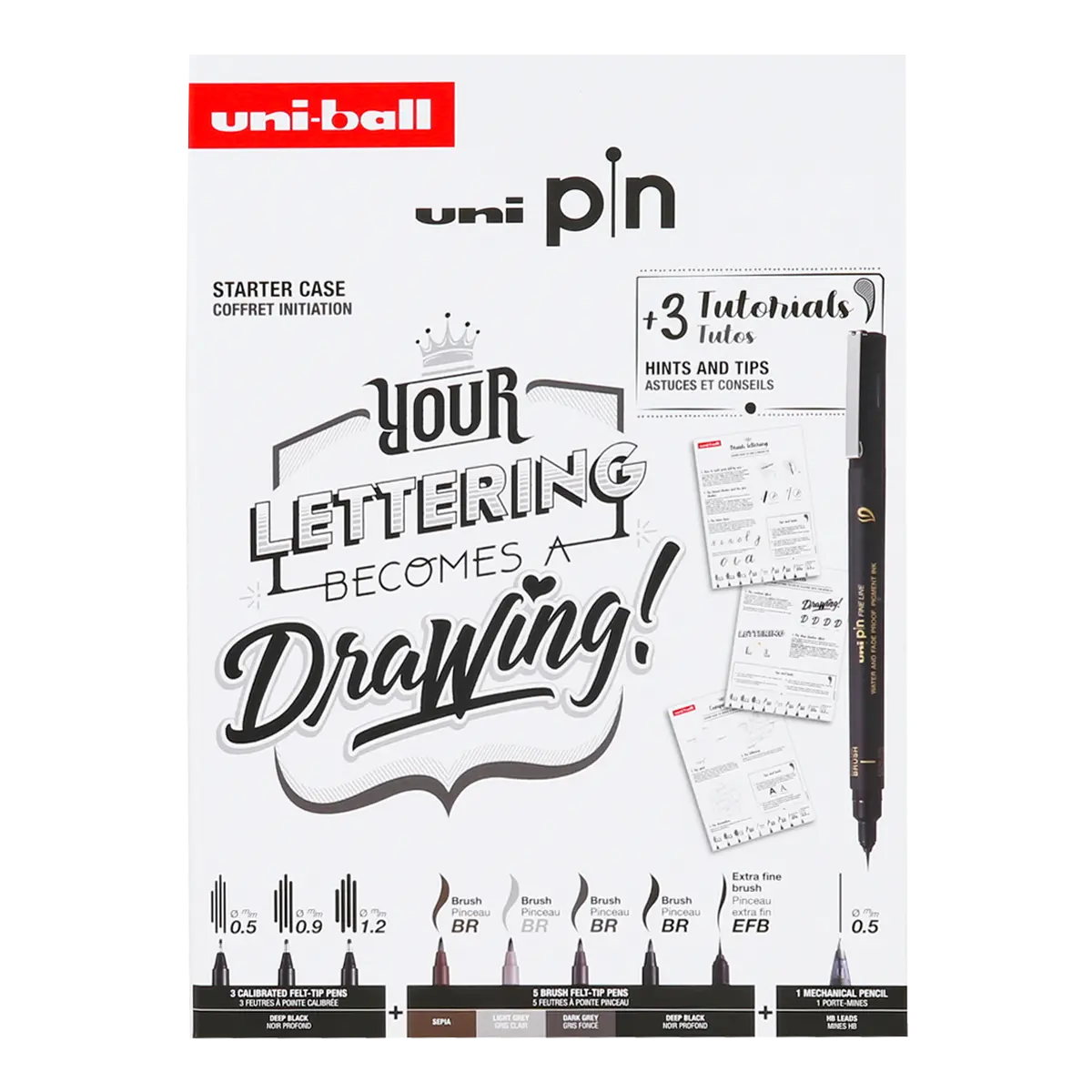 UNI PIN sada Lettering - dárkový box, 8 linerů + SHALAKU mikrotužka, mix barev