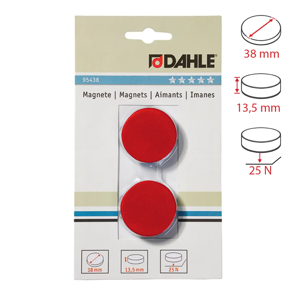 Dahle magnet přídržný, Ø 38 mm, 25 N, 2 ks, červený