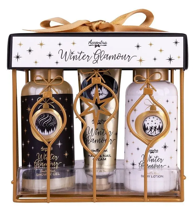 Koupelová sada Winter Glamour v drátěném košíku Vanilka a pižmo 2x100ml + 30ml
