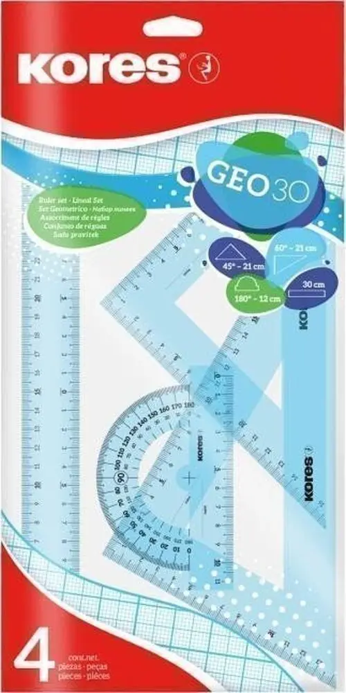 Sada na geometrii  GEO set 30cm, set plastových pravítek, 4 ks v polybagu