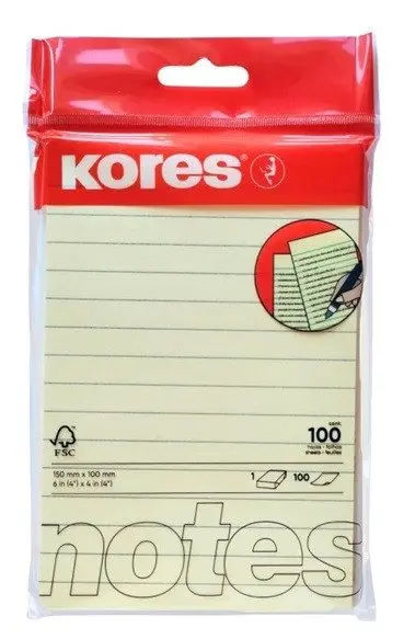 Bloček samolepící 150x100mm linkovaný žlutý 100 listů Kores