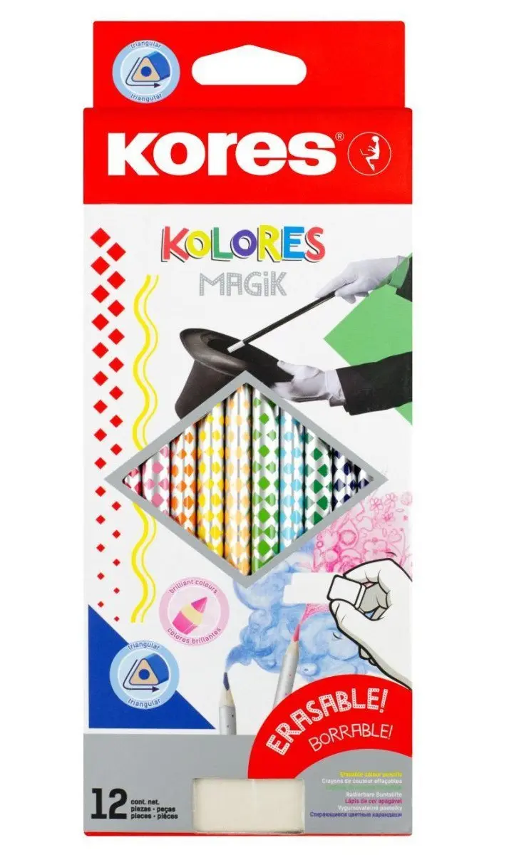 Kores Trojhranné pastelky Kolores Magik 3 mm, gumovací - sada 12 barev vč. pryže