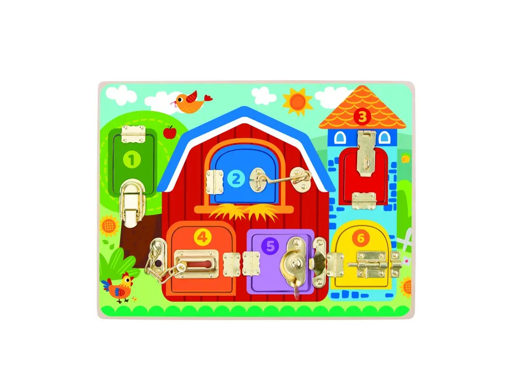Tooky Toy Dřevěná hrací deska farma - Aktivity Board se zámečky
