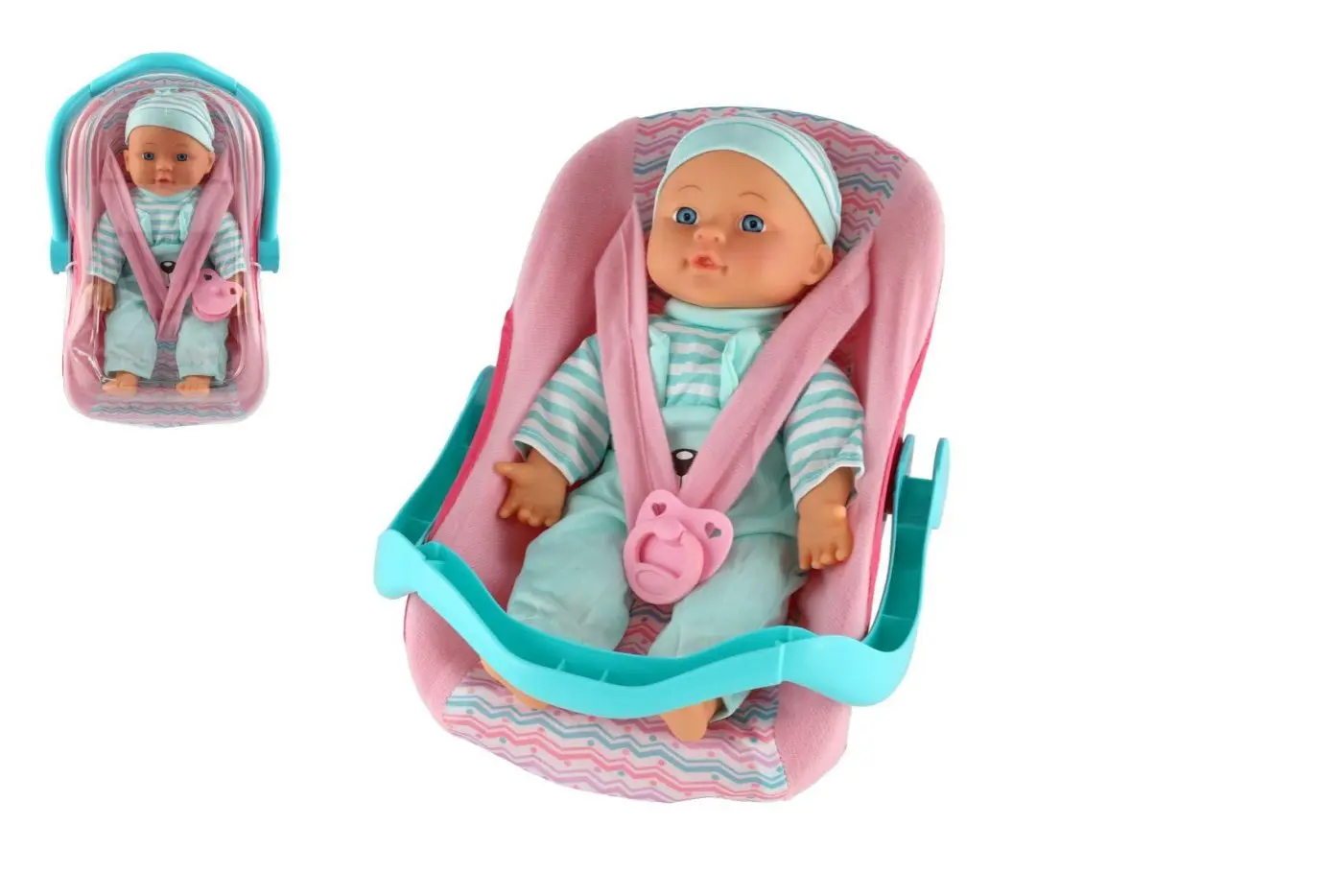 Panenka miminko plast/látka 30cm měkké tělo v nosítku/autosedačce s dudlíkem 2 barvy v blistru
