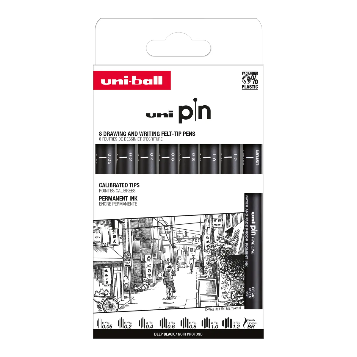 UNI PIN Classic, sada linerů, 8 ks, (0,05 mm/ 0,2 mm/ 0,4 mm/ 0,6 mm/ 0,8 mm/ 1,0 mm / BR), černá