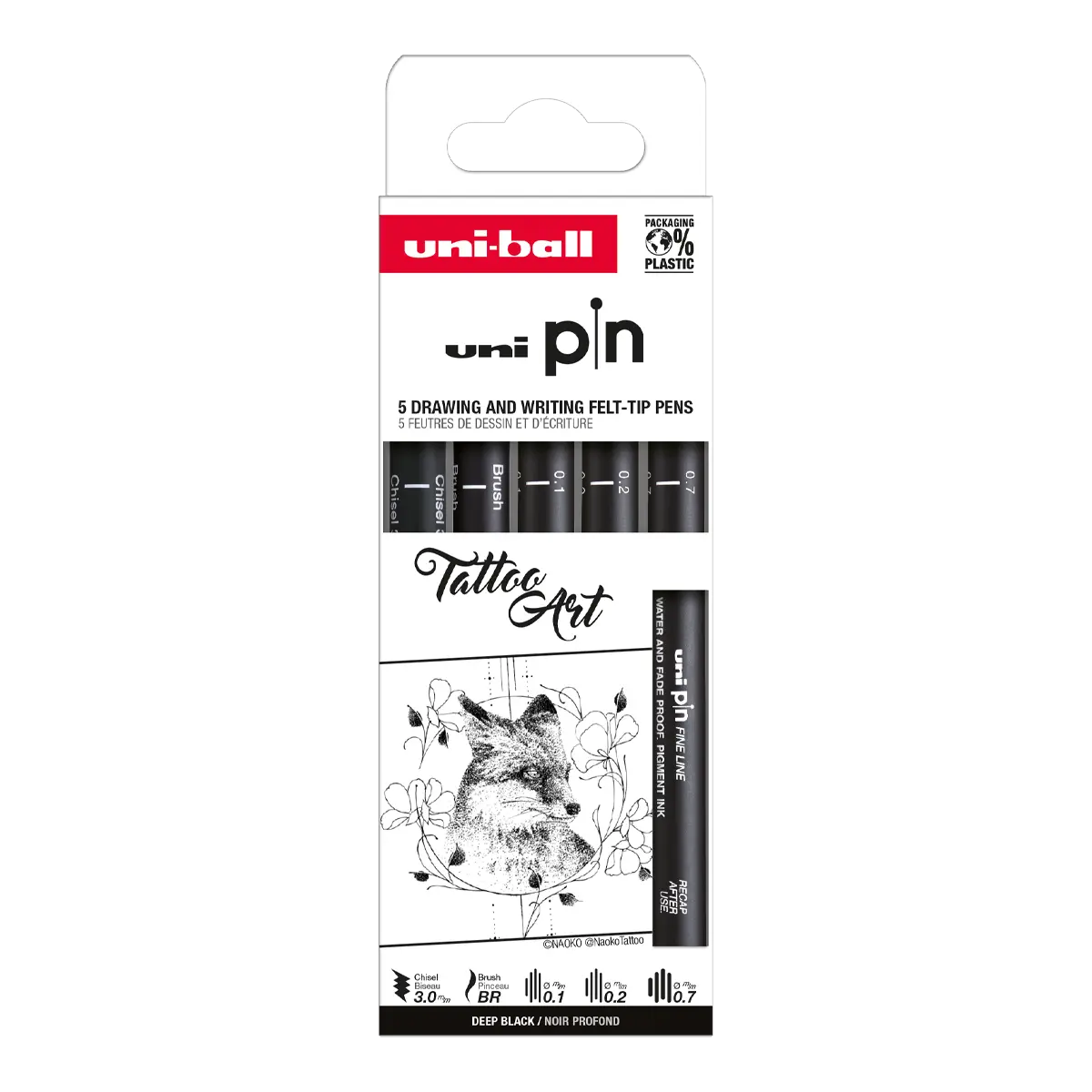 UNI PIN Drawing - Tatto Art, sada linerů, 5 ks, (0,1 mm/ 0,2 mm/ 0,7 mm/ BR/ CS3), černá