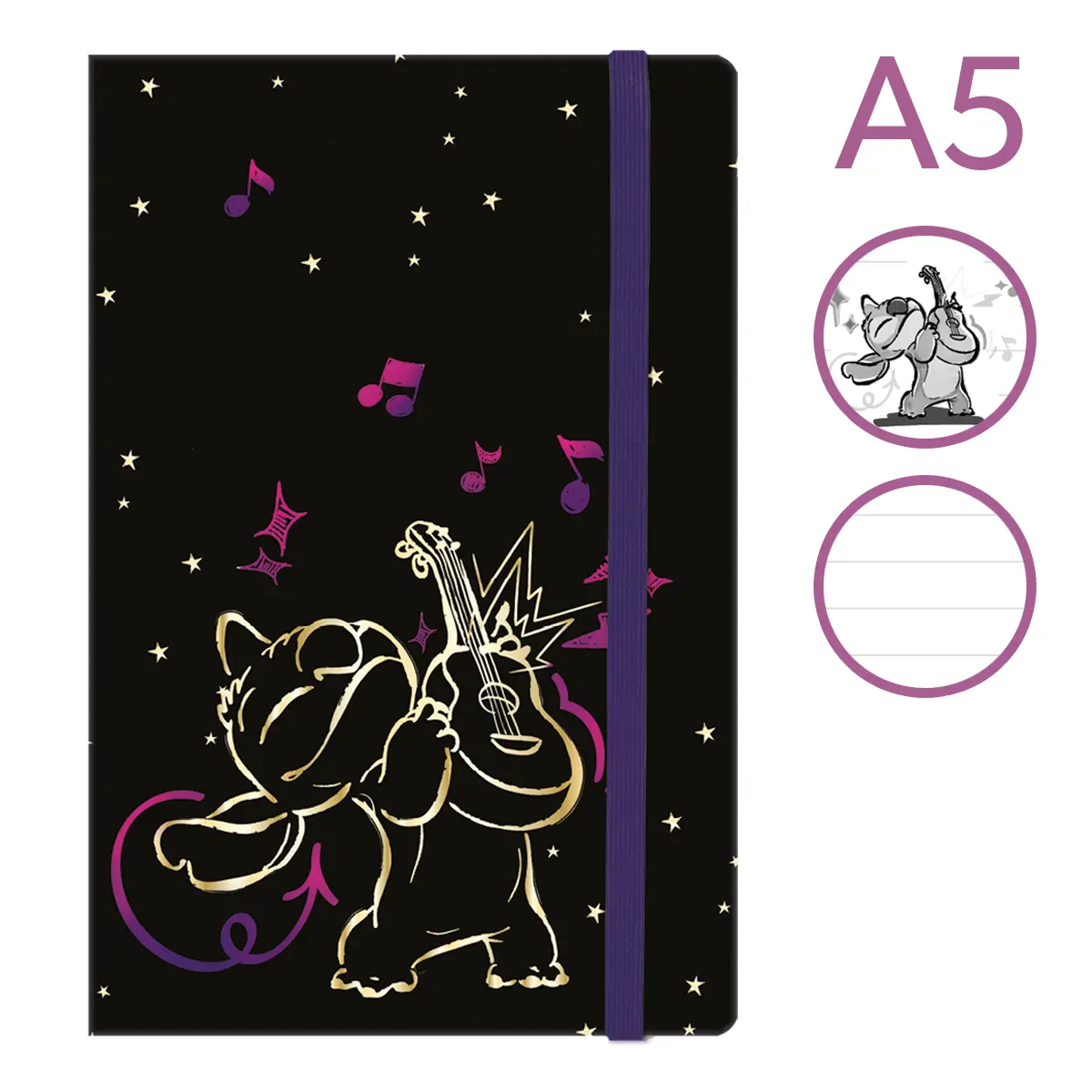 Zápisník s gumičkou Colorino A5, 80 g, 80 l., linkovaný - Stitch Gold 2