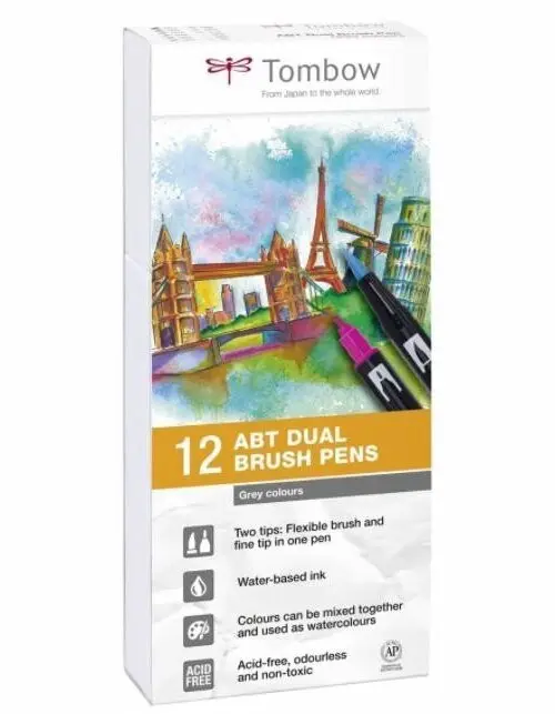 Tombow Oboustranný štětcový fix ABT - Grey tone 12 ks