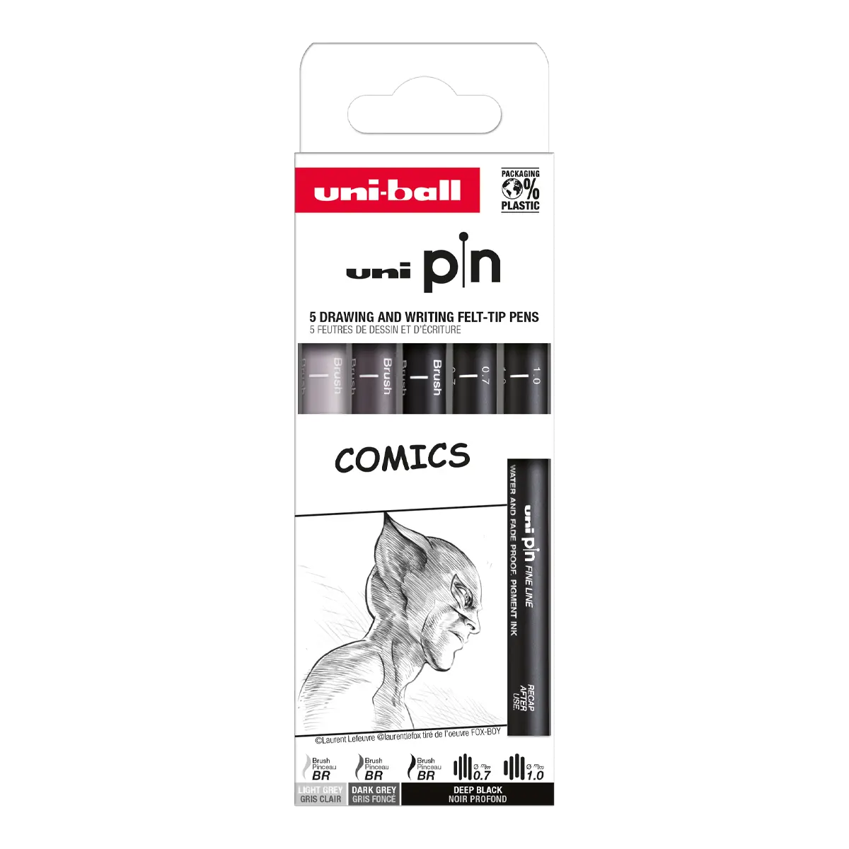 UNI PIN Drawing - Comics, sada linerů, 5 ks, (0,7 mm/ 1,0 mm/ BR), mix barev