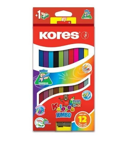 Kores Jumbo DUO trojhranné pastelky 5 mm s ořezávátkem 12 barev + 2 metalické barvy