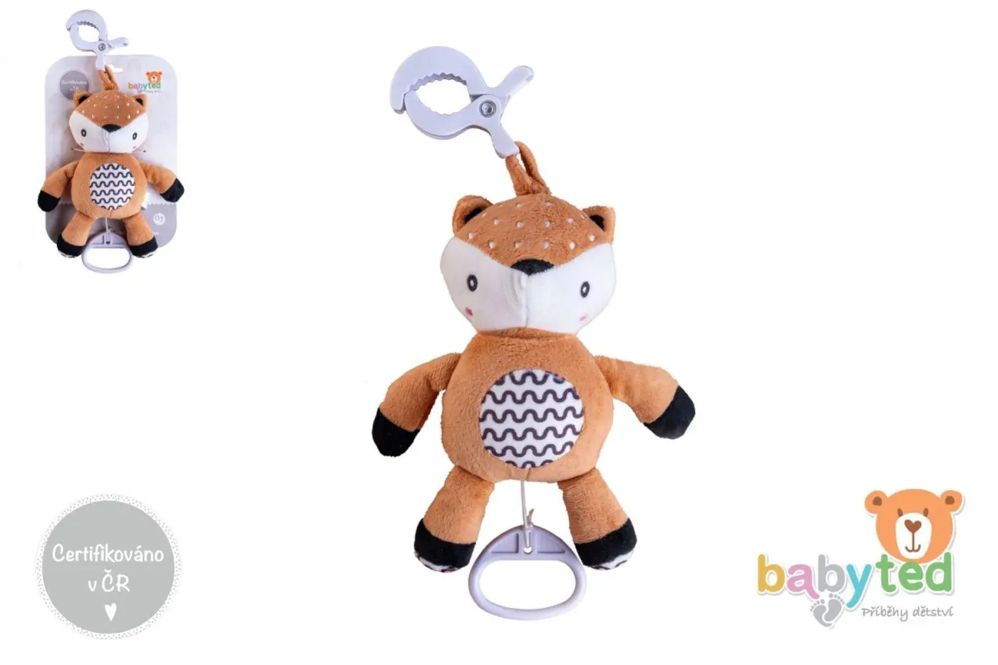Srneček babyted natahovací hrací strojek plyš 30cm závěs na postýlku/kočárek na kartě v sáčku 0m+