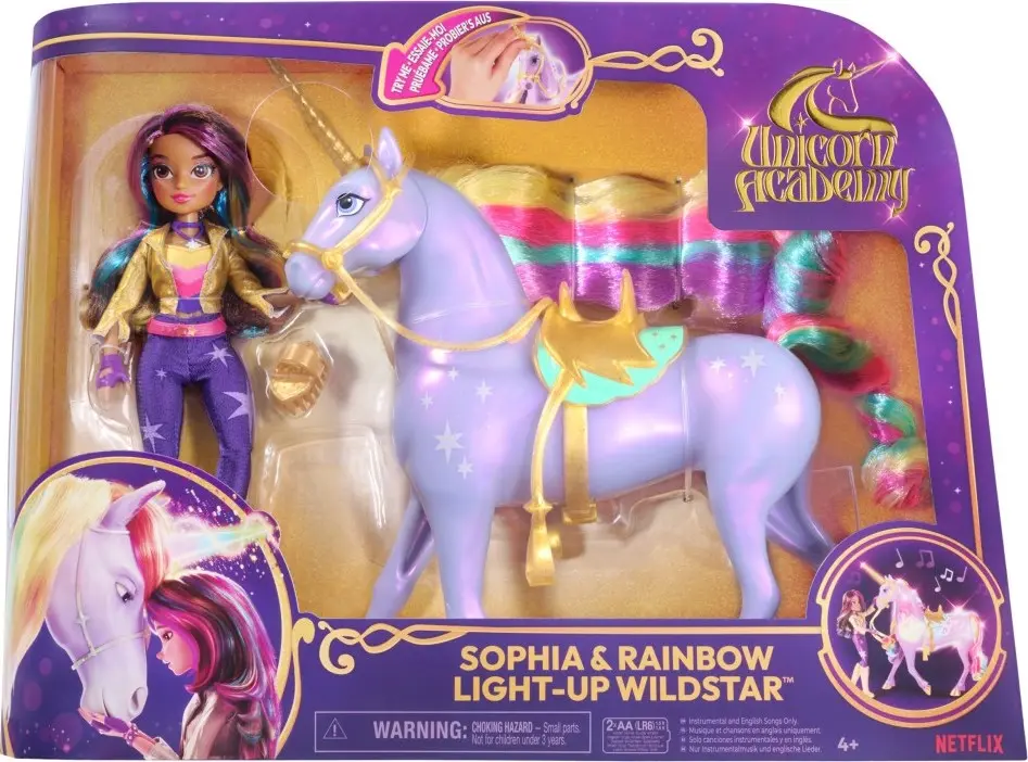Unicorn academy světelný jednorožec Wildstar 28 cm s panenkou Sophií 24 cm - Spin Master
