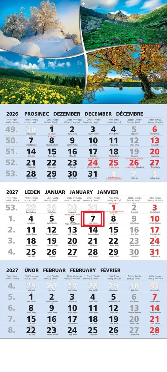 Kalendář 2027 tříměsíční nástěnný: STANDARD CZ modrý s obrázkem