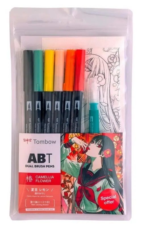 Sada oboustranných fixů ABT Manga Camelia + vodní štětec - 6 ks