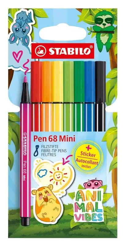 Prémiový vláknový fix - STABILO Pen 68 Mini Animal Vibes - 8 ks sada - včetně samolepky