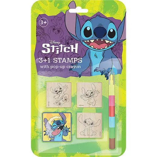 Razítka 3+1 s poduškou dřevěná 4,5x4,5cm s voskovkou Lilo & Stitch na kartě 17x28cm