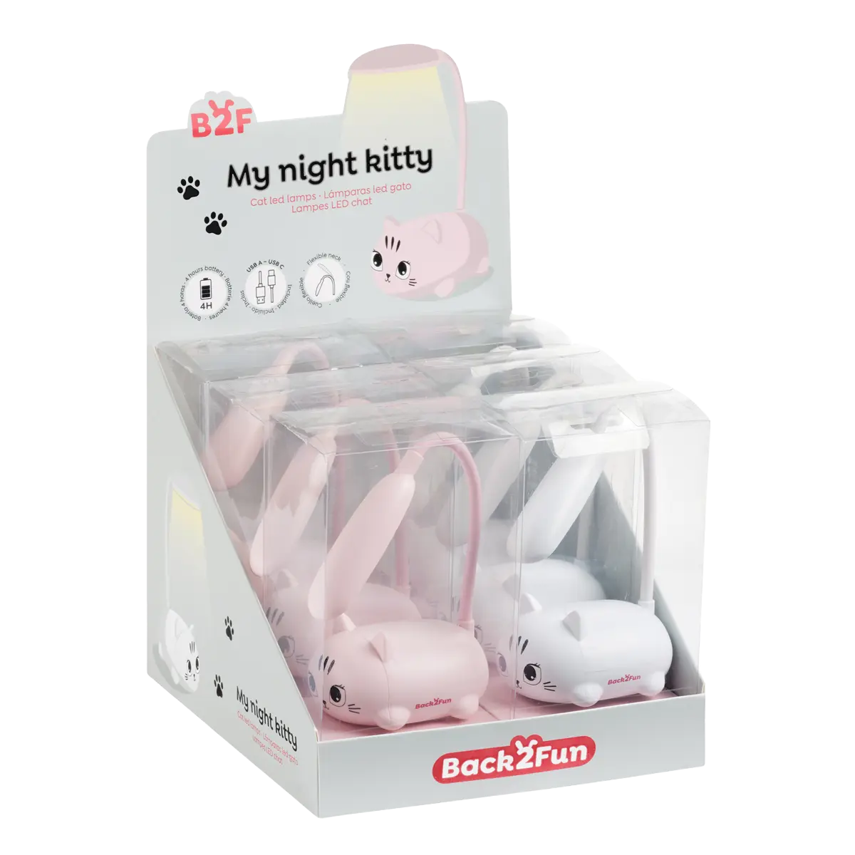 Miquelrius B2F - LED lampička, Night Kitty, teplé světlo, USB napájení, 6 ks, displej, mix barev