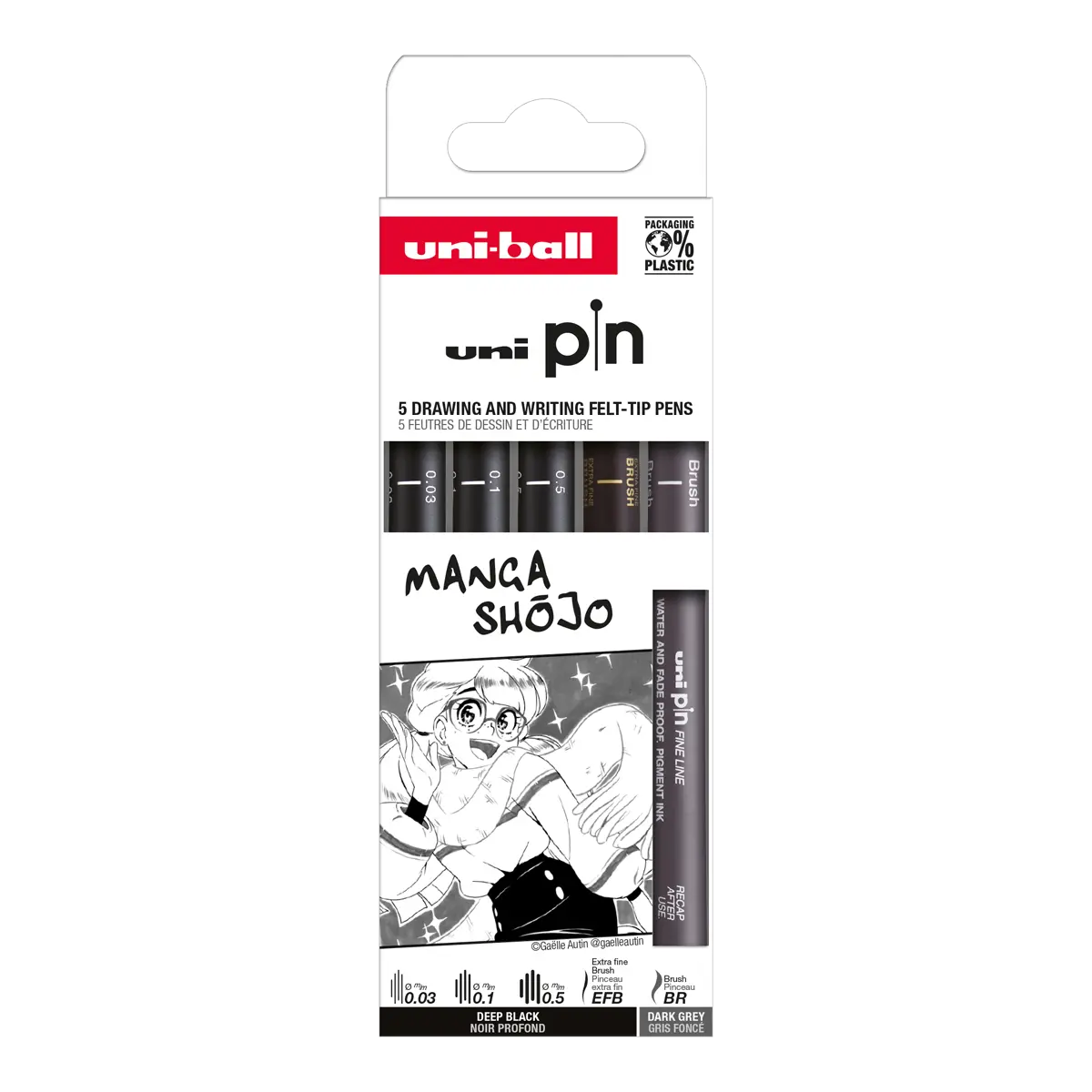 UNI PIN Drawing - Manga Shojo, sada linerů, 5 ks, (0,03 mm/ 0,1 mm/ 0,5 mm/ EFB), mix barev