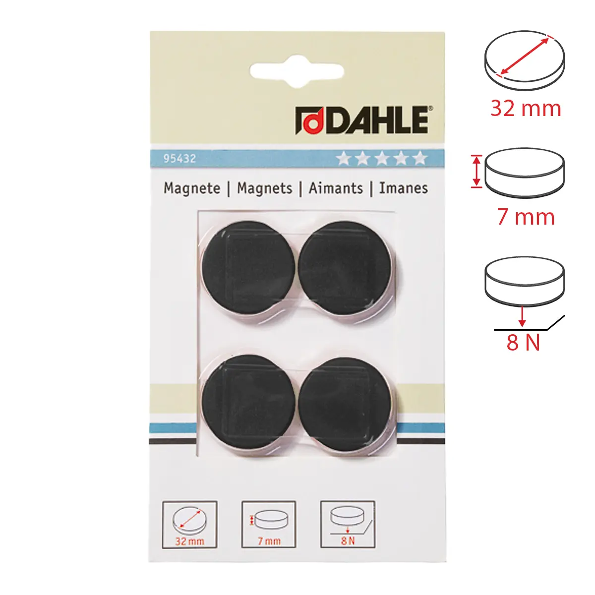 Dahle magnet plánovací, Ø 32 mm, 8 N, 4 ks, černé