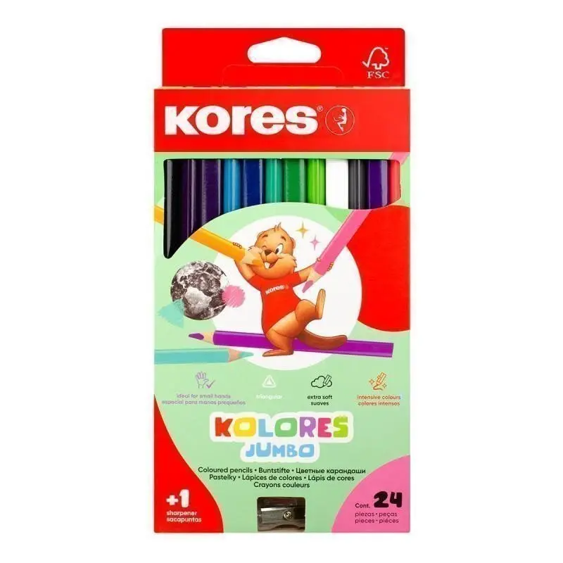 Kores Trojhranné pastelky Kolores Jumbo 5 mm, 24 barev s ořezávátkem
